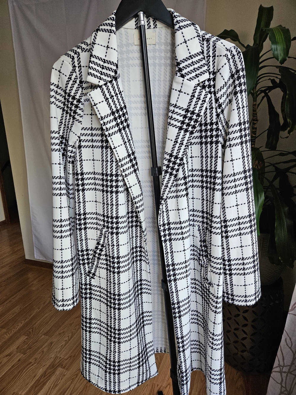 MELLODAY Black White Plaid Open Front Longline Jacket Coat - Picture 3 of 16